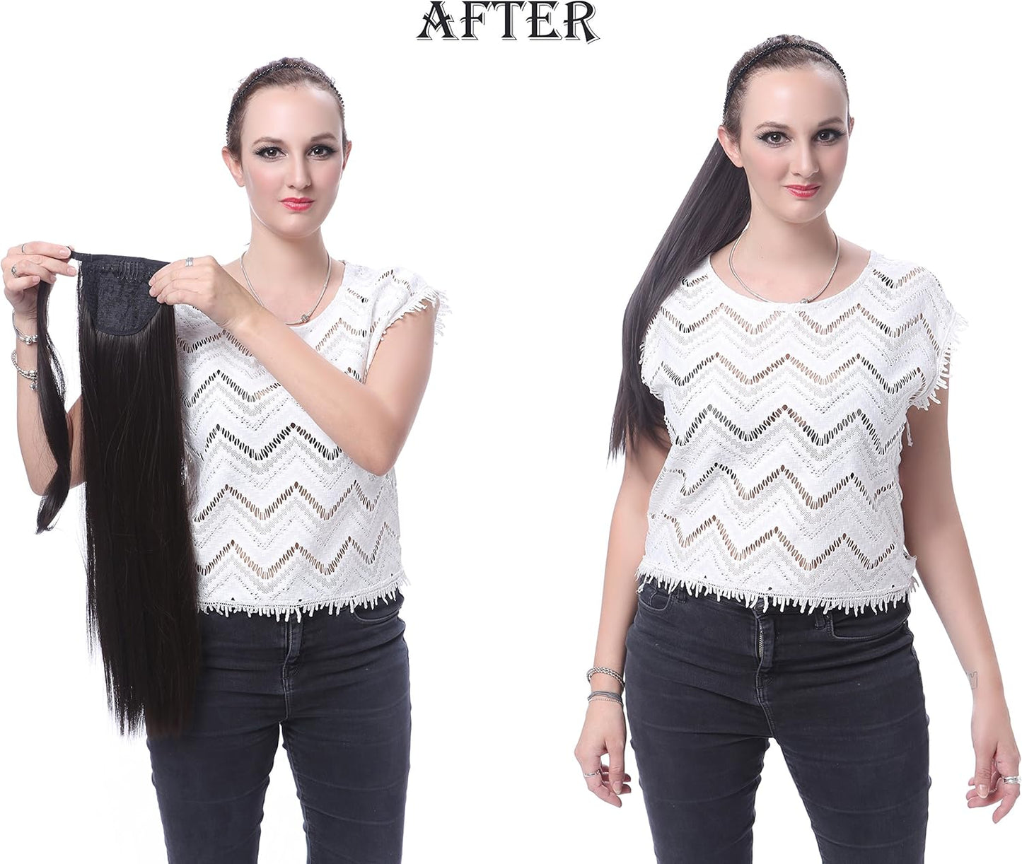24" Straight Wrap around Ponytail Extension for Woman Synthetic Hair 120G-130G (1B# off Black)