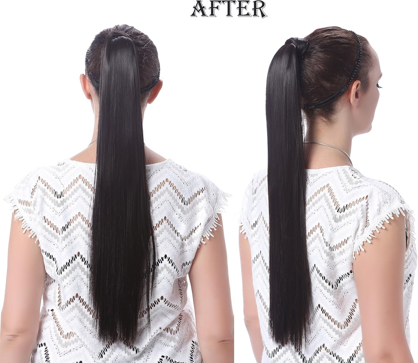 24" Straight Wrap around Ponytail Extension for Woman Synthetic Hair 120G-130G (1B# off Black)