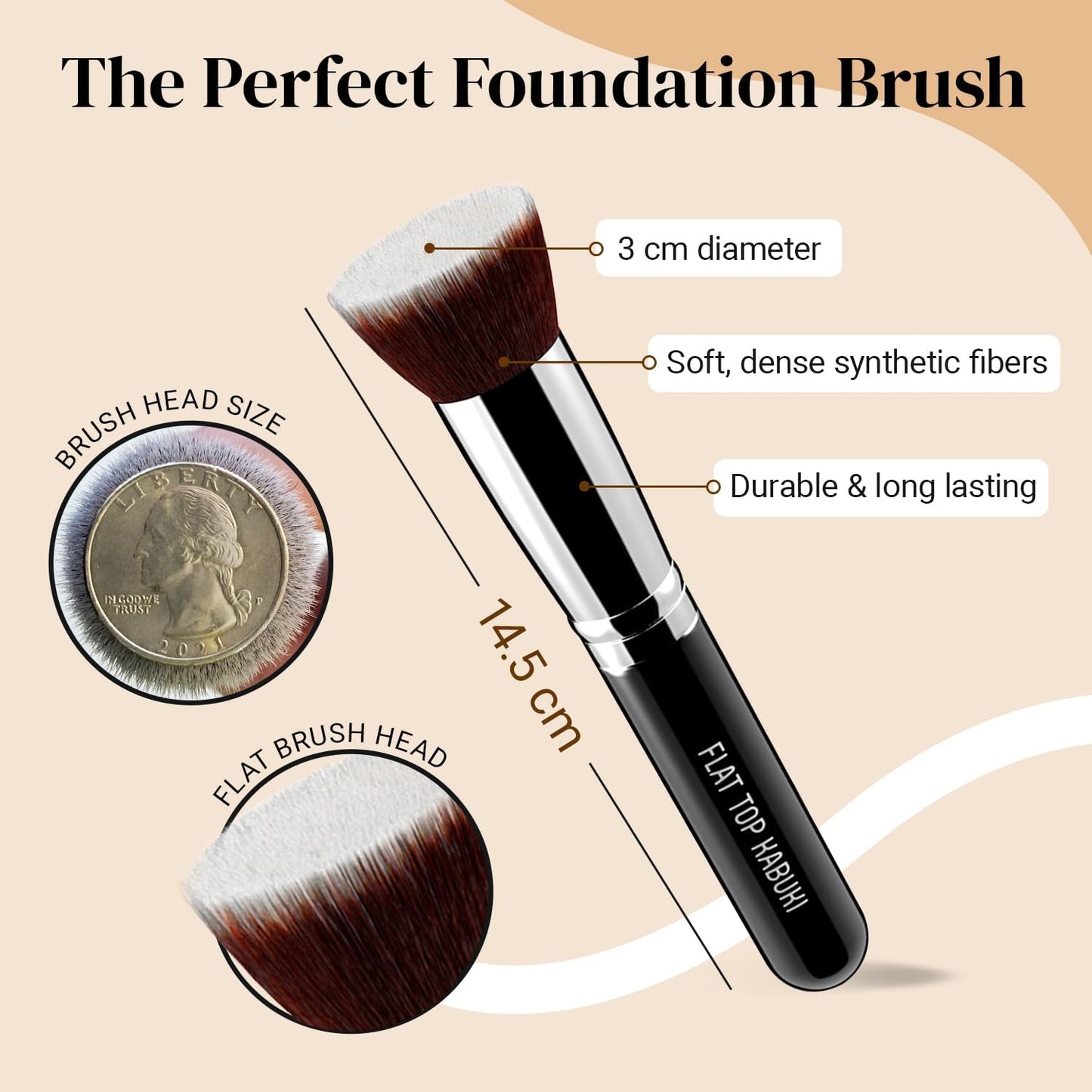 Flat Top Kabuki Foundation Brush by - Premium Makeup Brush for Liquid, Cream, and Powder Foundation, 3Cm Top Diameter