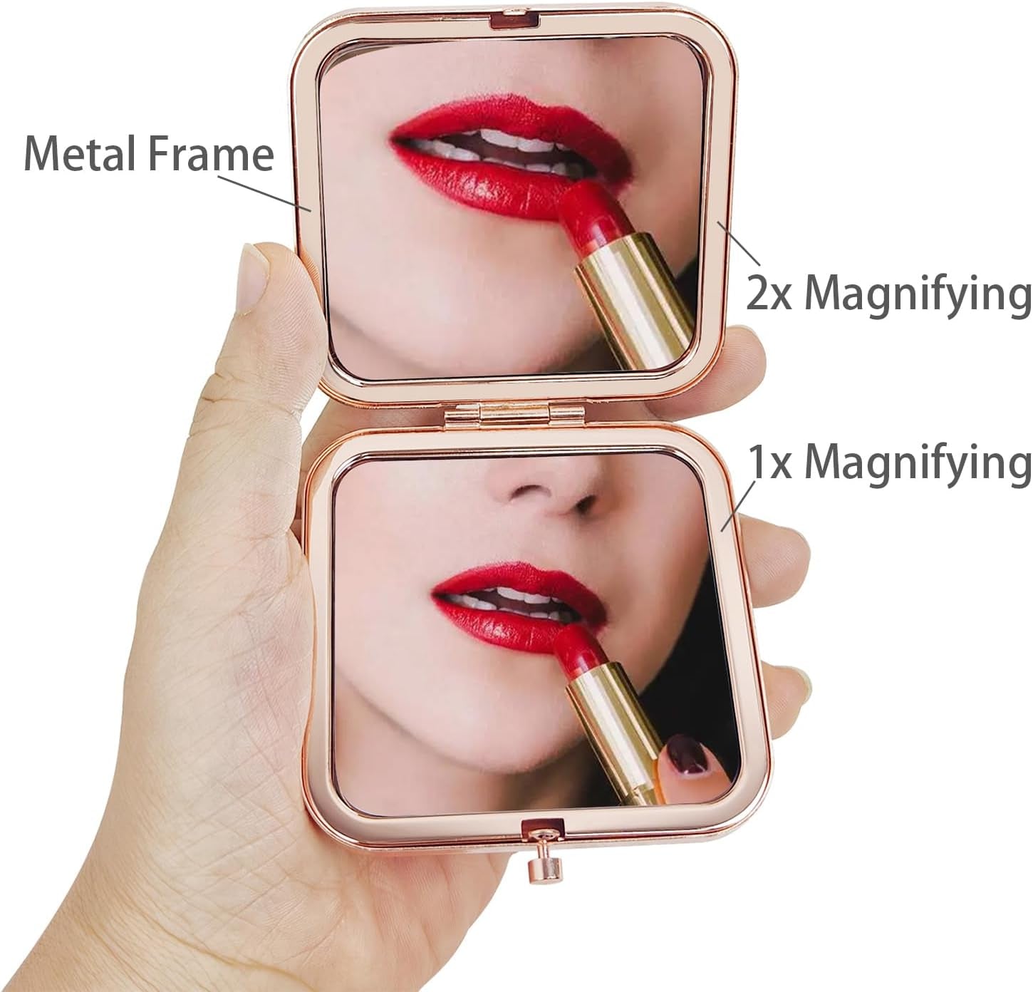 Pocket Mirror for Women, Rosegold Square 2.8”×2.8” Metal Frame Droprubber Style Double Sided Mini Magnifying 1X/2X Mirror for Purse Can Be Used as Gifts for Woman (Ethinc05)