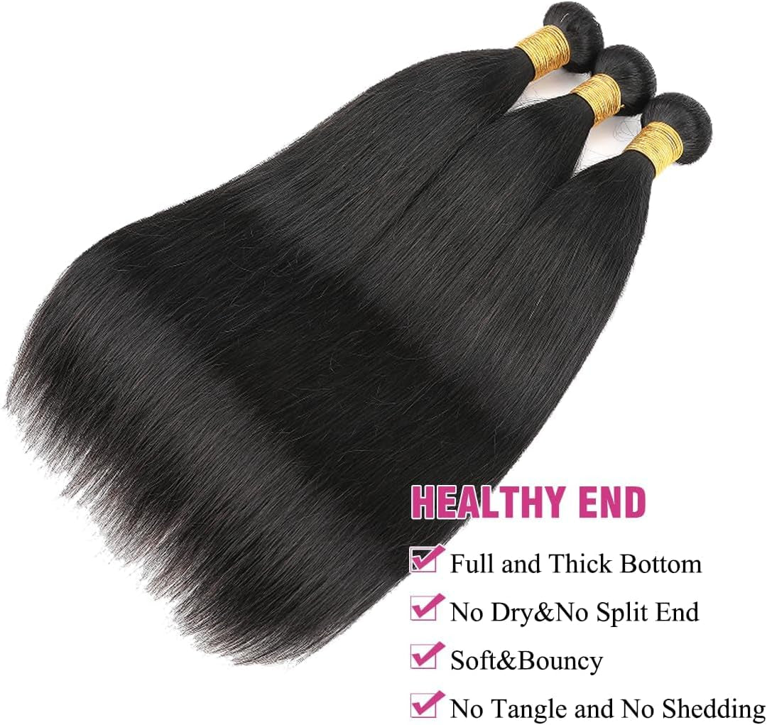 Human Hair Bundles 10A Brazilian Straight, 18-22Inch, 100% Unprocessed Virgin, 3 Bundles Deal, Natural Black for Women