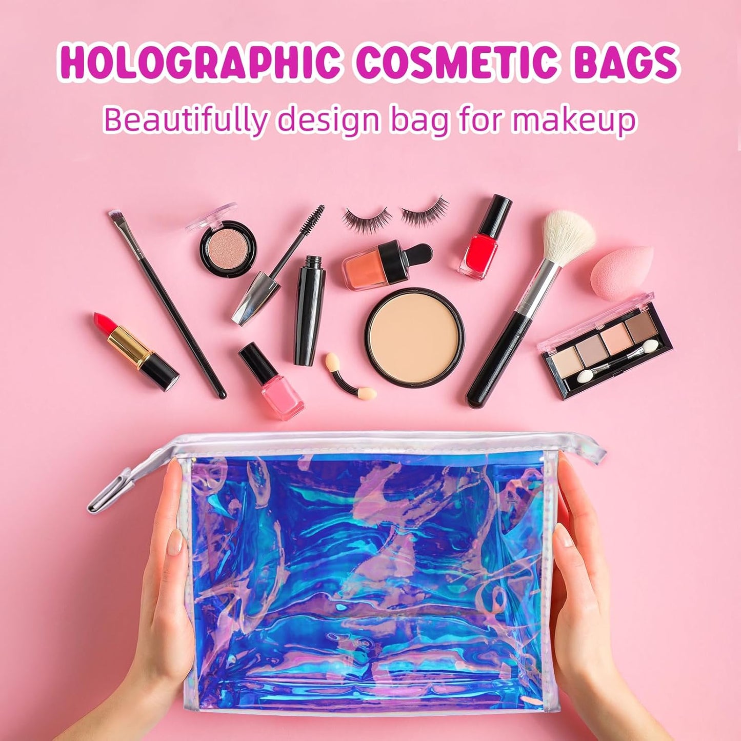 2Pack & 10Pack Holographic Makeup Bags Bulk, Iridescent Pouch Portable Zippered Toiletry Bags Travel Cosmetic Bag Makeup Brush Holder, Makeup Organizer Bag Cases., 10Pack, 8.8X6.3X3Inch,