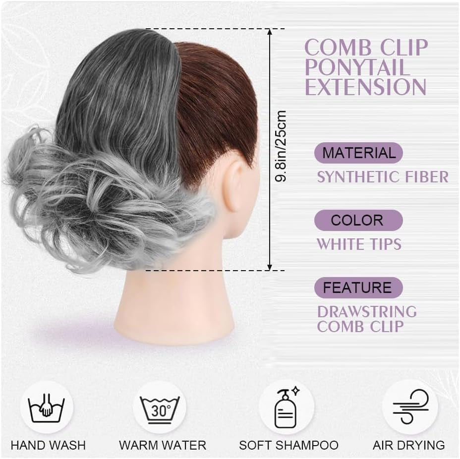 Drawstring Ponytail Extension 10 Inch Short Wavy Ponytail Hair Extensions Fake Pony Tail Clip Loose Wavy Pony Tails Hair Extensions in Ponytails Hairpieces for Women (Grey)
