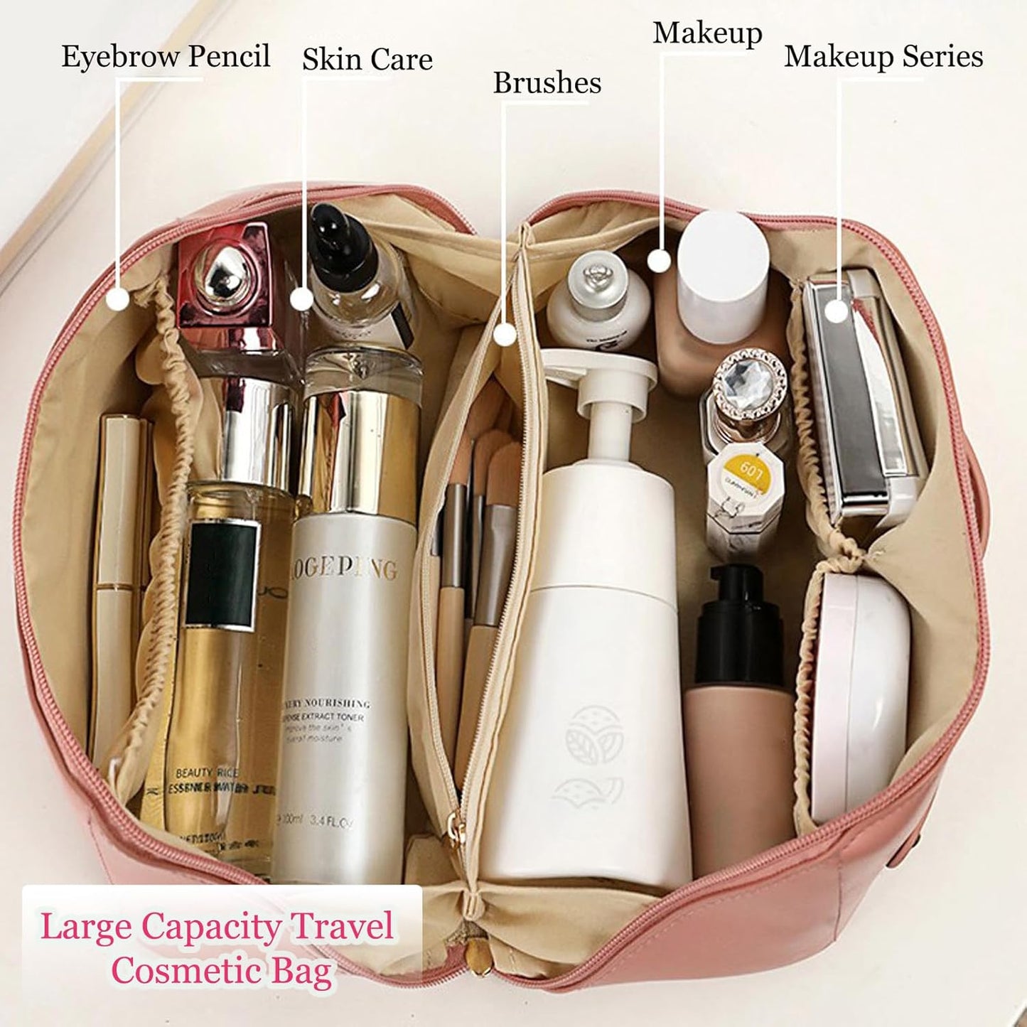 Travel Toiletry Bags for Women, PU Leather Waterproof Woman Makeup Travel Bag with Handle and Divider, Makeup Bag Organizer, Travel Cosmetic Bag Makeup Bags for Travel and Home Use,Black