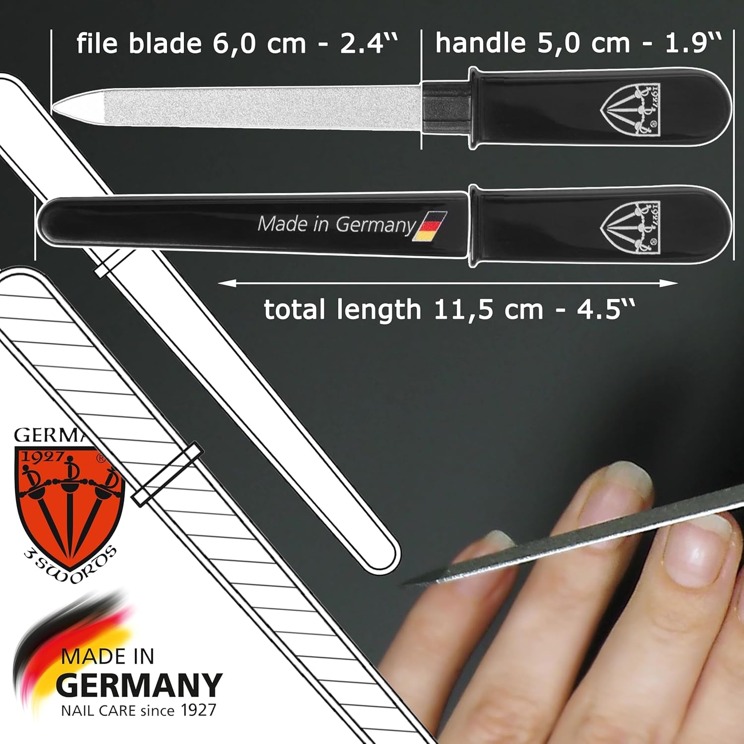 - Brand Quality Double Sided (Fine & Coarse) SAPPHIRE POCKET NAIL FILE (1 Piece) Manicure Pedicure Grooming for Professional Finger & Toe Nail Care by 3 Swords, Made in Solingen Germany