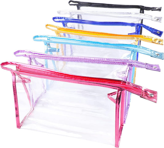 Clear Makeup Bag,  Transparent Clear Toiletry Bags with Strong Zips, Portable PVC Clear Travel Cosmetic Bag for Men Woman Holiday, Travel, Bathroom| 7 Colours Transparent Bags