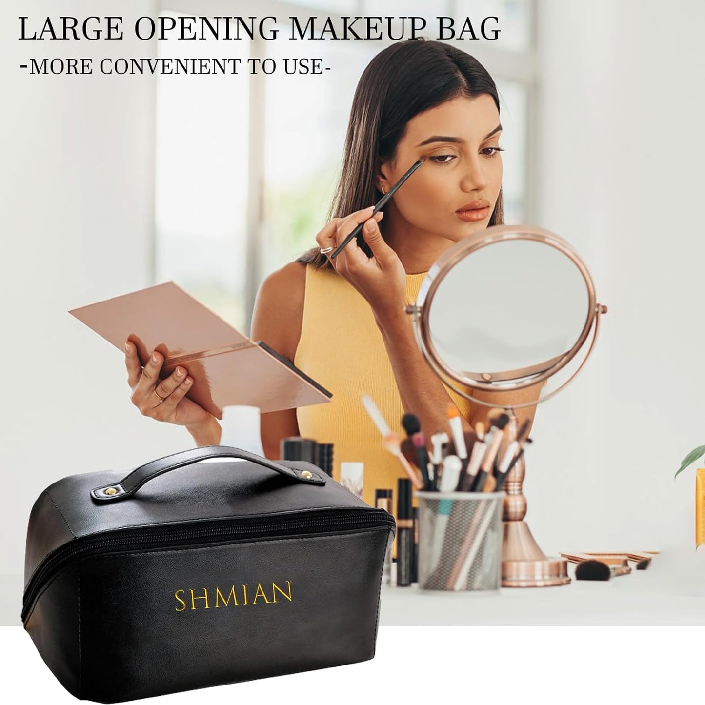 Travel Toiletry Bags for Women, PU Leather Waterproof Woman Makeup Travel Bag with Handle and Divider, Makeup Bag Organizer, Travel Cosmetic Bag Makeup Bags for Travel and Home Use,Black