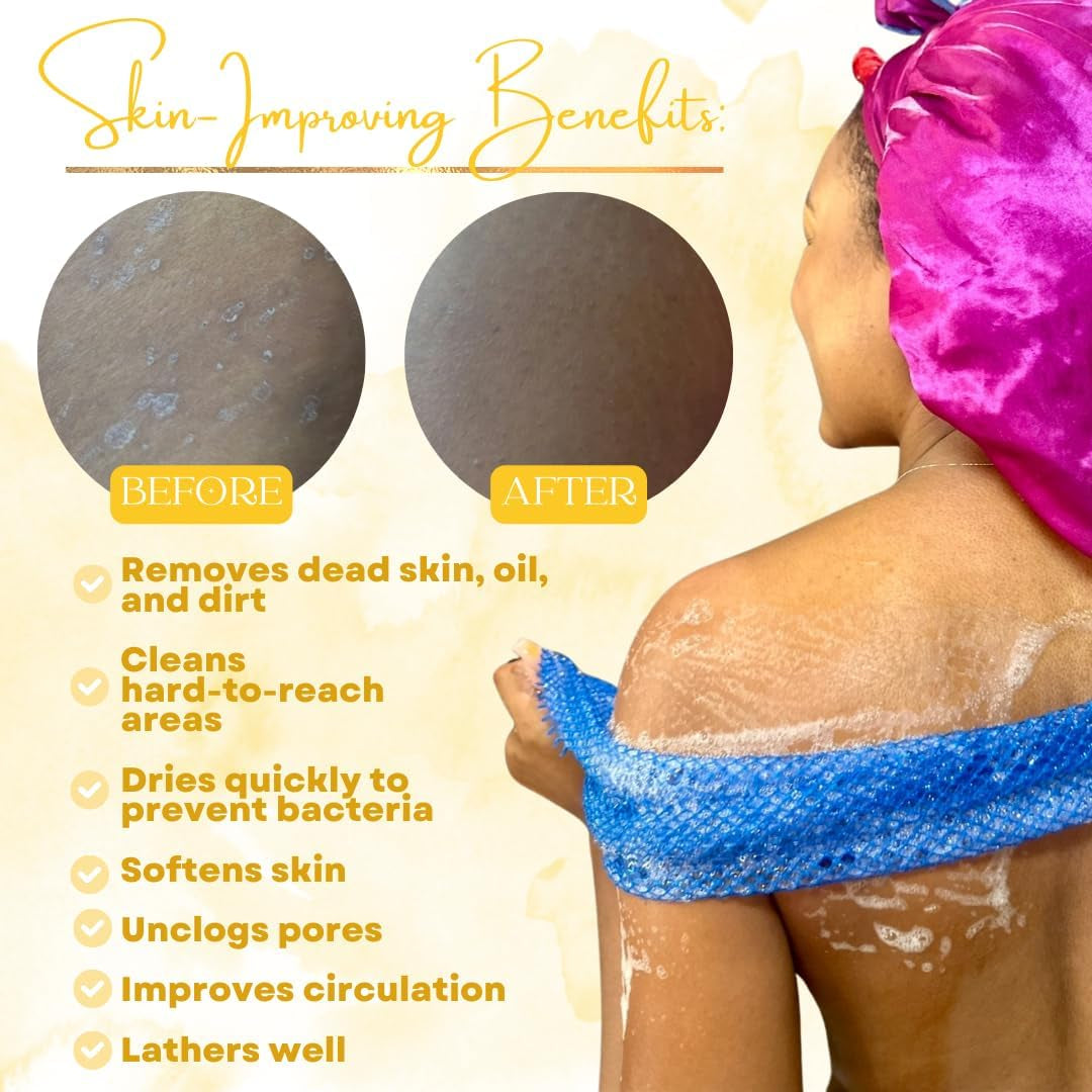 ® | 3 Pack Set 2 Soft African Exfoliating Nets & 1 Rough African Net Sponge with Handles for the Back, Neck or Feet, Black Women Owned, Achieve Smooth Soft Silky Skin, for Daily Use & Great Gifts