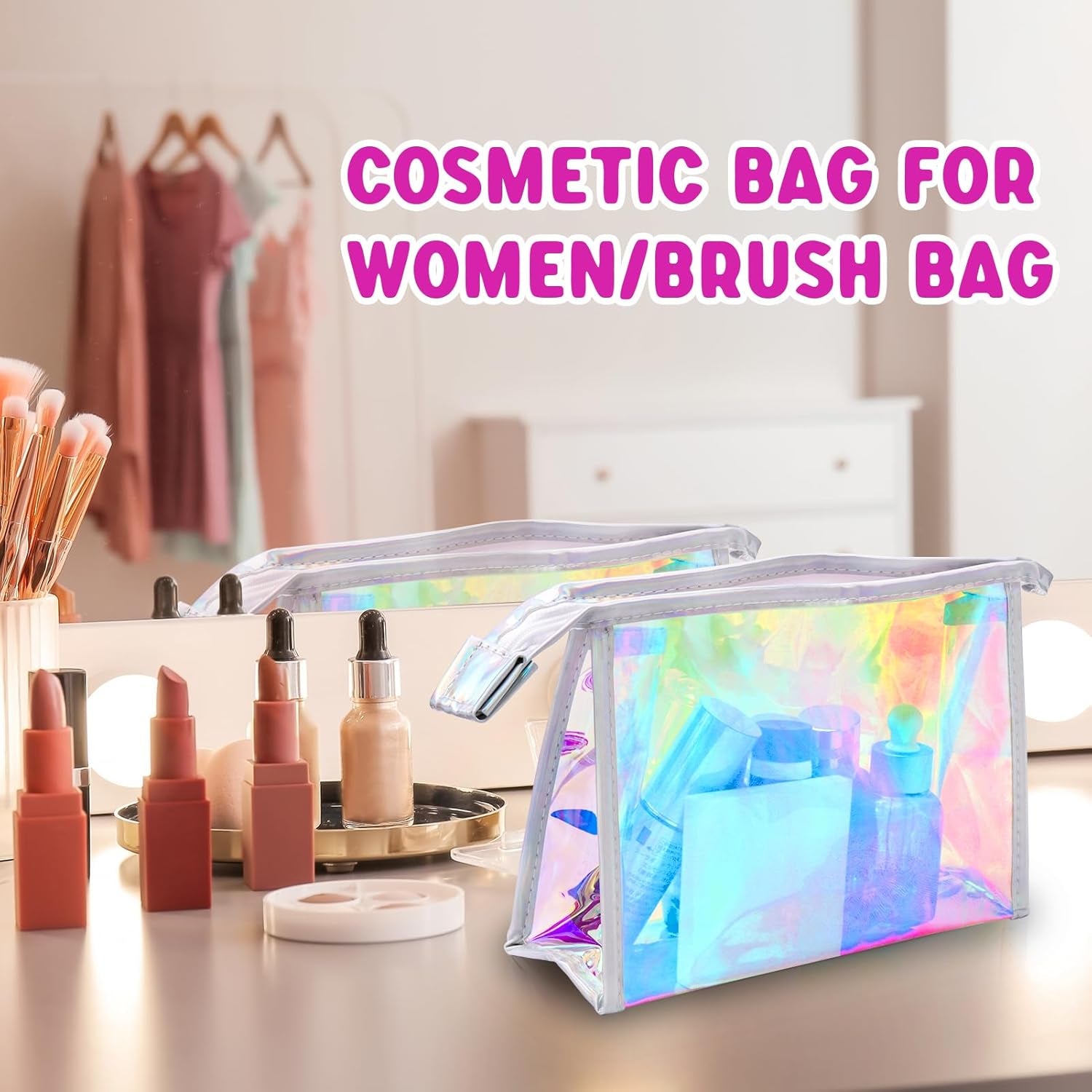 2Pack & 10Pack Holographic Makeup Bags Bulk, Iridescent Pouch Portable Zippered Toiletry Bags Travel Cosmetic Bag Makeup Brush Holder, Makeup Organizer Bag Cases., 10Pack, 8.8X6.3X3Inch,