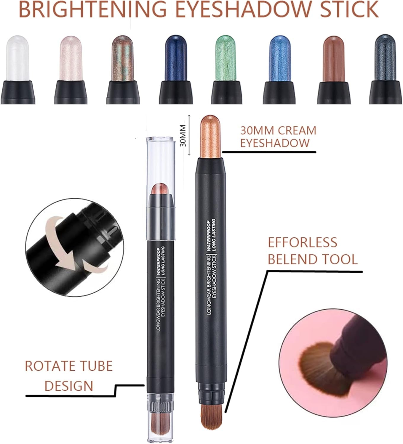 Cream Eyeshadow Stick - No Crease Glitter Shimmer Blue Purple Eye Shadow Stick with Soft Brush, Rotatable Eye Brightener Pencil Crayon, Long Lasting Waterproof Metallic Eye Makeup Pen for Women-#10