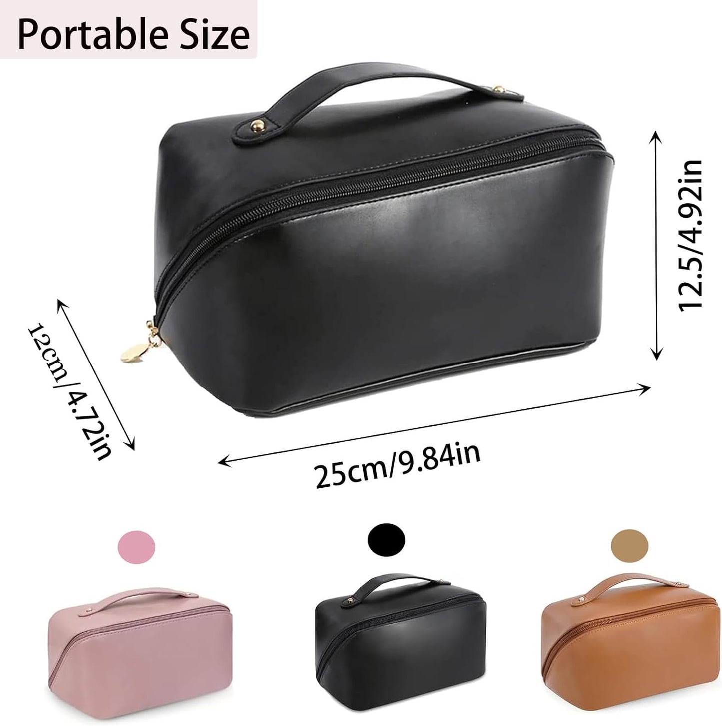 Travel Toiletry Bags for Women, PU Leather Waterproof Woman Makeup Travel Bag with Handle and Divider, Makeup Bag Organizer, Travel Cosmetic Bag Makeup Bags for Travel and Home Use,Black