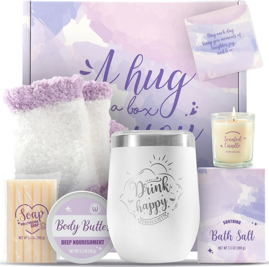 Birthday Gifts for Women Bff Love 8Pc Self Care Gifts for Women, Gift Baskets for Women Lavender Spa Gift Set for Women with Vacuum Insulated Tumbler Christmas Gift Sets for Women