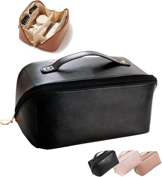 Travel Toiletry Bags for Women, PU Leather Waterproof Woman Makeup Travel Bag with Handle and Divider, Makeup Bag Organizer, Travel Cosmetic Bag Makeup Bags for Travel and Home Use,Black