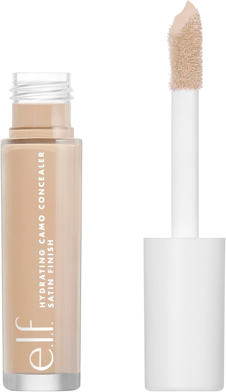 e.l.f. Hydrating Camo Concealer — lightweight, full coverage, all-day wear. Conceals, corrects & hydrates with a satin finish. Shade: Light Sand. Available in 25 shades