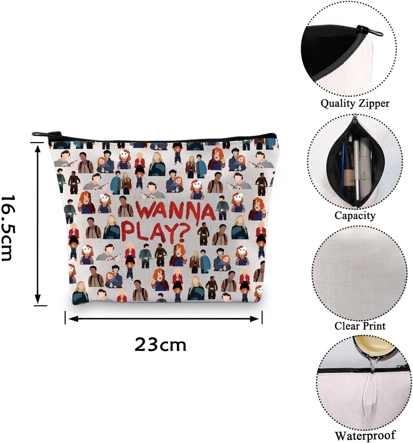 Horror Character Makeup Bag Horror Fan Gift Wanna Ply Zipper Bag for Horror Movie Lover (Wanna Play CA)