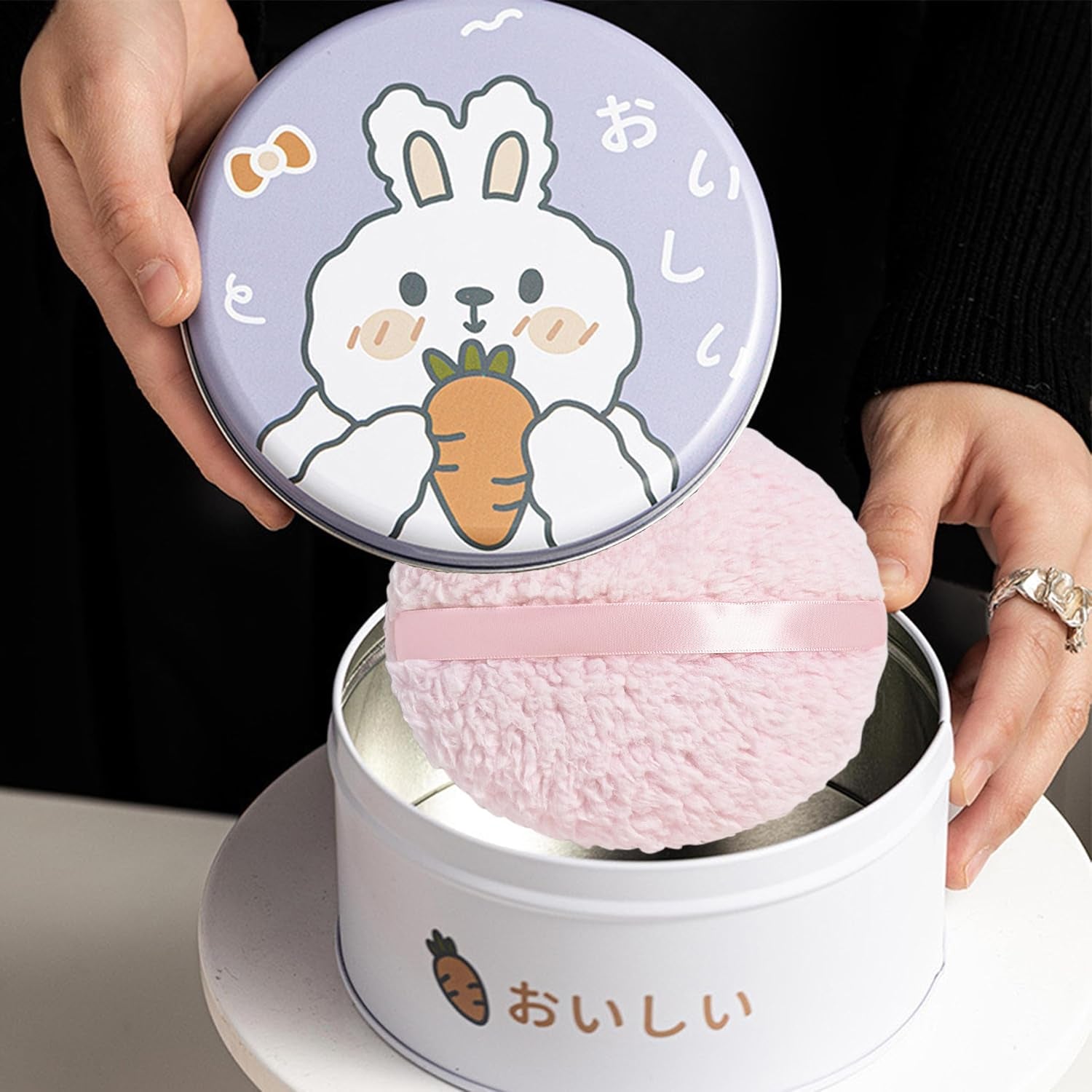 Large Body Powder Puff for Dusting Powder, Women Powder Puff with Tinplate Storage Container for Bath (Rabbit)