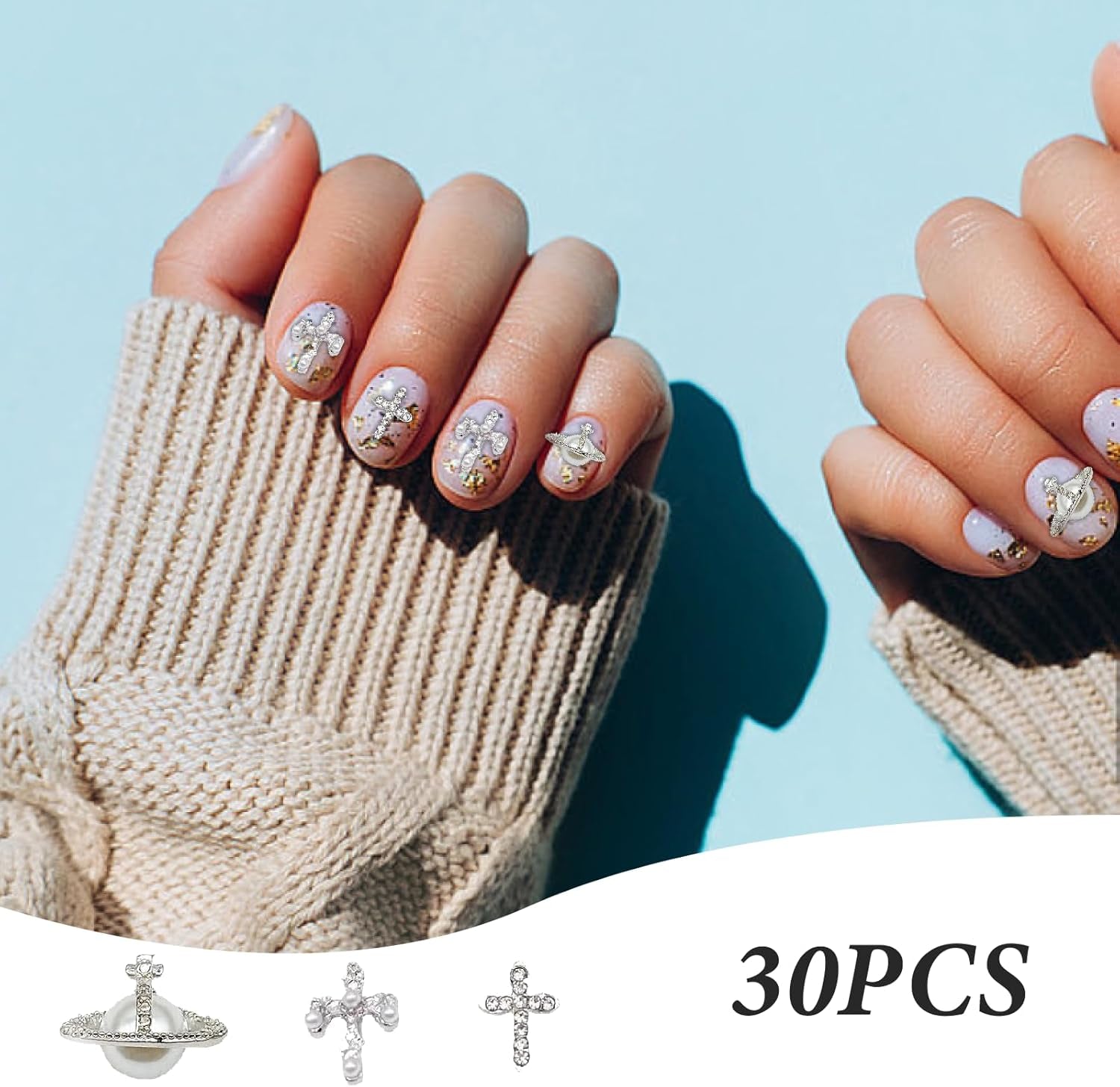 Nail Charms，30 Piece Set for DIY Nail Art Design ，Nail Accessories Nail Rhinestones Pearl and Diamond Cross Charms
