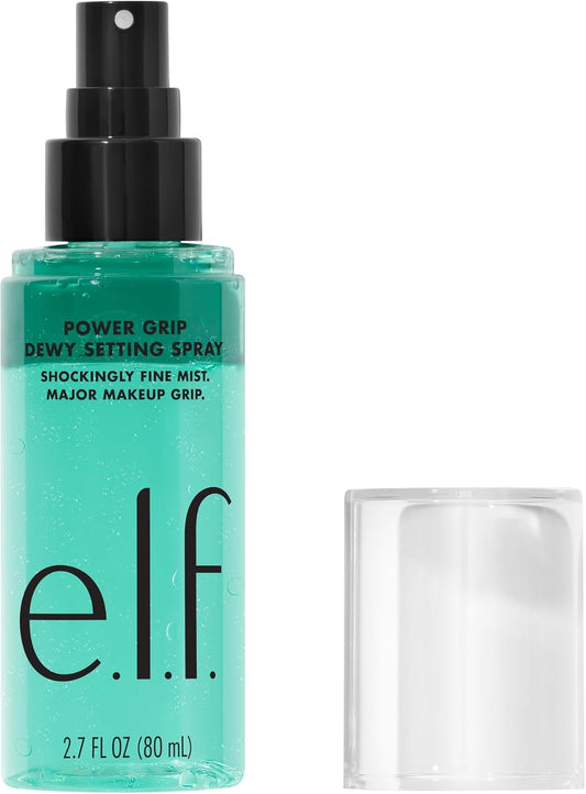 Power Grip Dewy Setting Spray — ultra-fine mist with hyaluronic acid that locks makeup in place while keeping skin hydrated and glowing. Vegan & cruelty-free