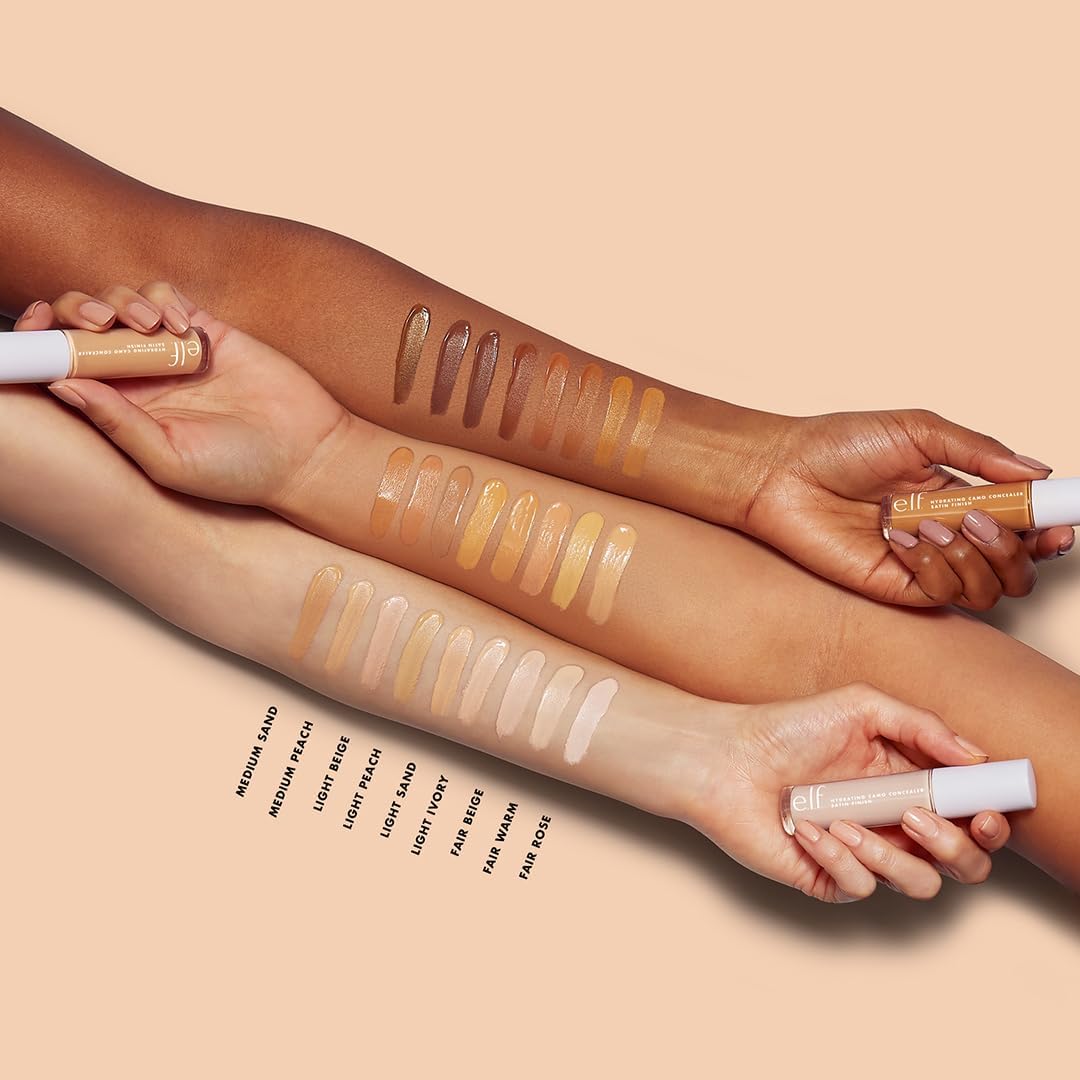 e.l.f. Hydrating Camo Concealer — lightweight, full coverage, all-day wear. Conceals, corrects & hydrates with a satin finish. Shade: Light Sand. Available in 25 shades