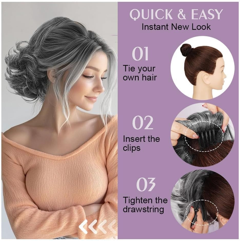 Drawstring Ponytail Extension 10 Inch Short Wavy Ponytail Hair Extensions Fake Pony Tail Clip Loose Wavy Pony Tails Hair Extensions in Ponytails Hairpieces for Women (Grey)