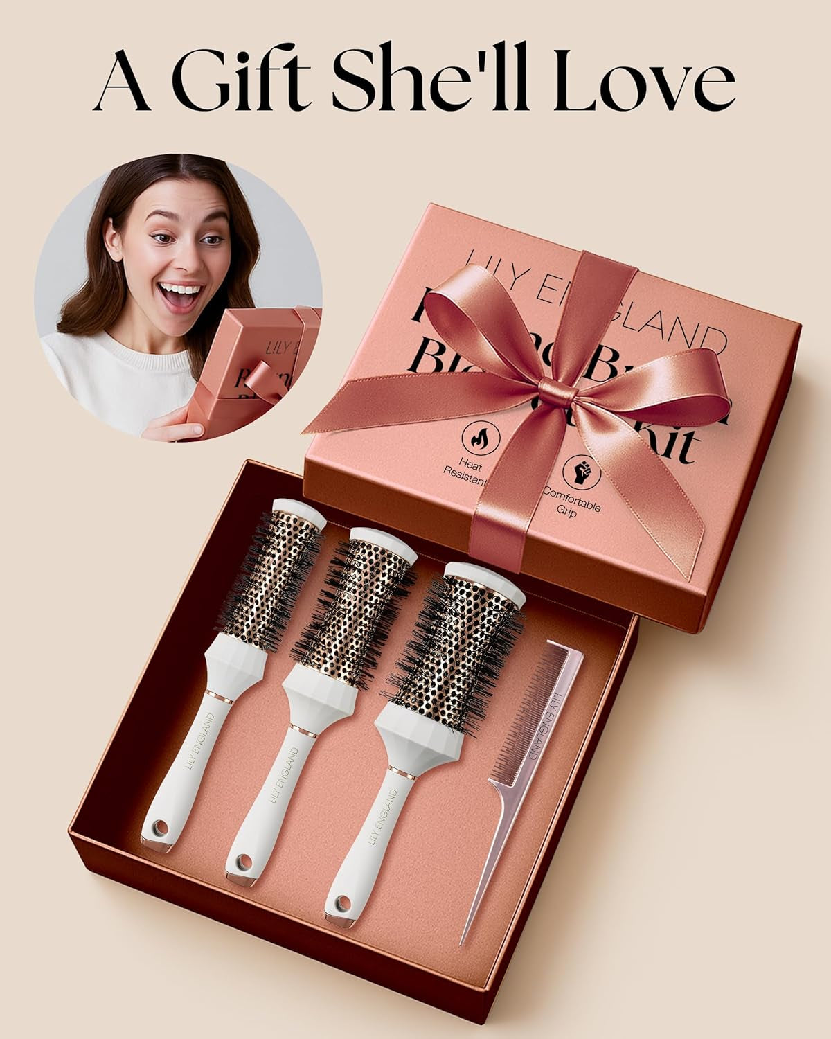 round Hair Brush Set, 4 Pieces Professional Blow Dry Kit with 3 round Brushes and Comb for Styling, Beauty Gift Sets for Women
