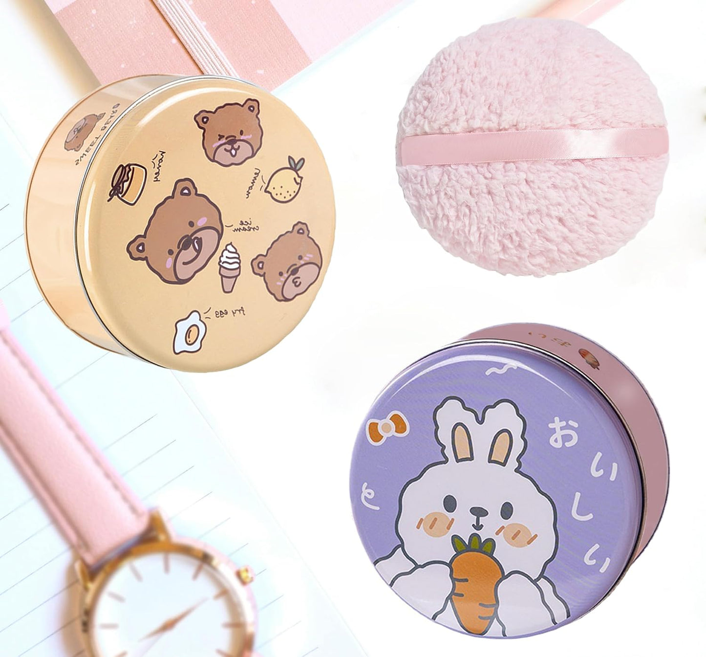 Large Body Powder Puff for Dusting Powder, Women Powder Puff with Tinplate Storage Container for Bath (Rabbit)