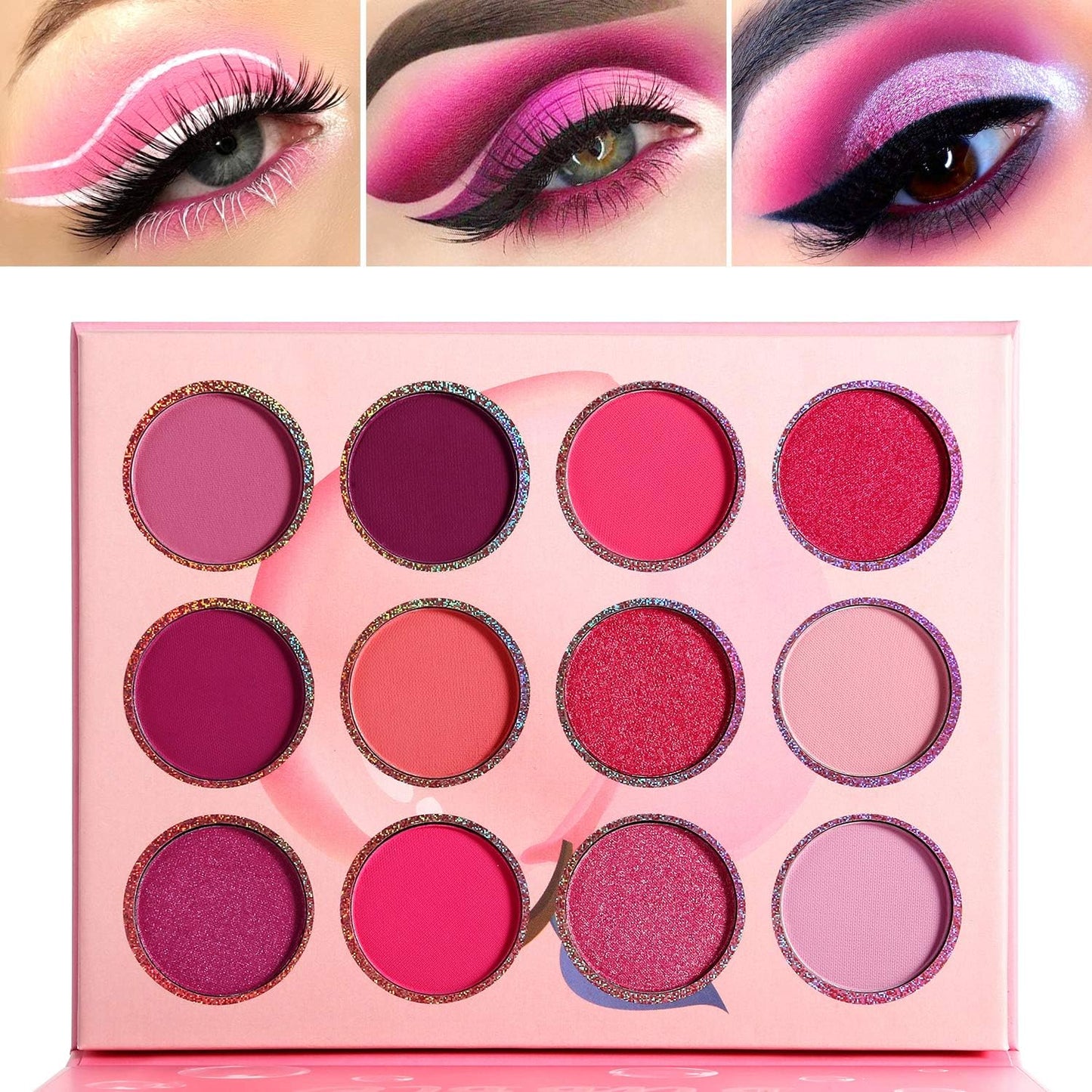 Pink Purple Eyeshadow Palette Makeup 12 Colors, Pigmented Matte Shimmer Cute Eye Shadow Tone,Small Bright Peach Red Violet Eyeshadow Pallet Long Lasting Shades,For Girl Women Summer Travel