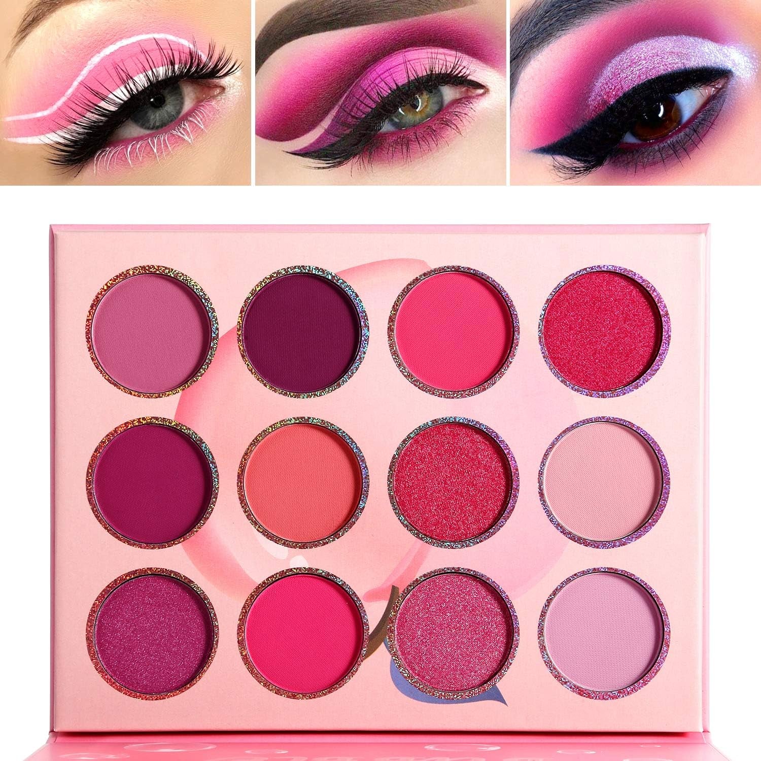 Pink Purple Eyeshadow Palette Makeup 12 Colors, Pigmented Matte Shimmer Cute Eye Shadow Tone,Small Bright Peach Red Violet Eyeshadow Pallet Long Lasting Shades,For Girl Women Summer Travel