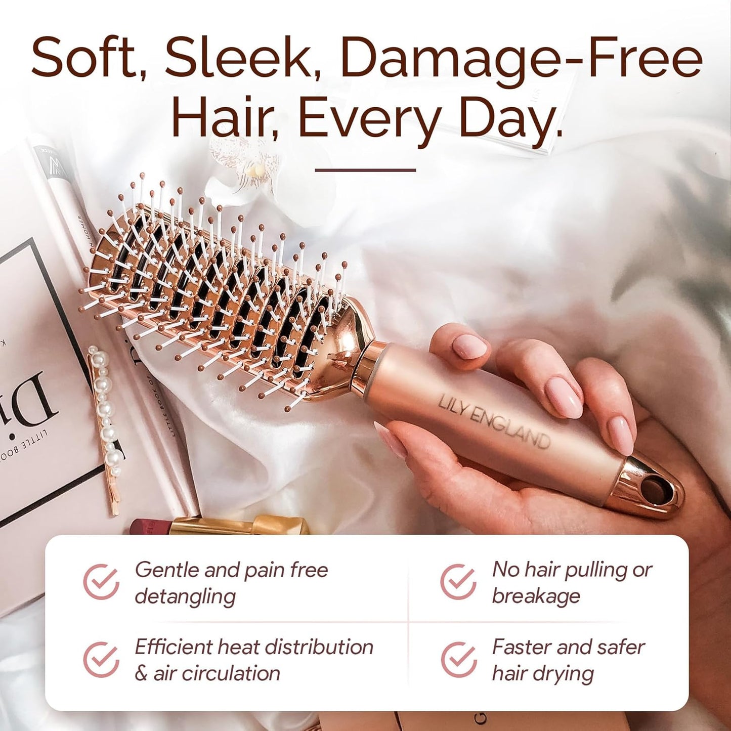 Vent Hair Brush for Blow Drying, Detangling Hairbrush for Women - Vented Brush with Gel Handle - Rose Gold by