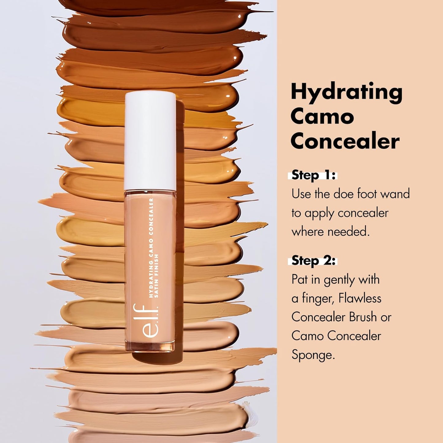 e.l.f. Hydrating Camo Concealer — lightweight, full coverage, all-day wear. Conceals, corrects & hydrates with a satin finish. Shade: Light Sand. Available in 25 shades