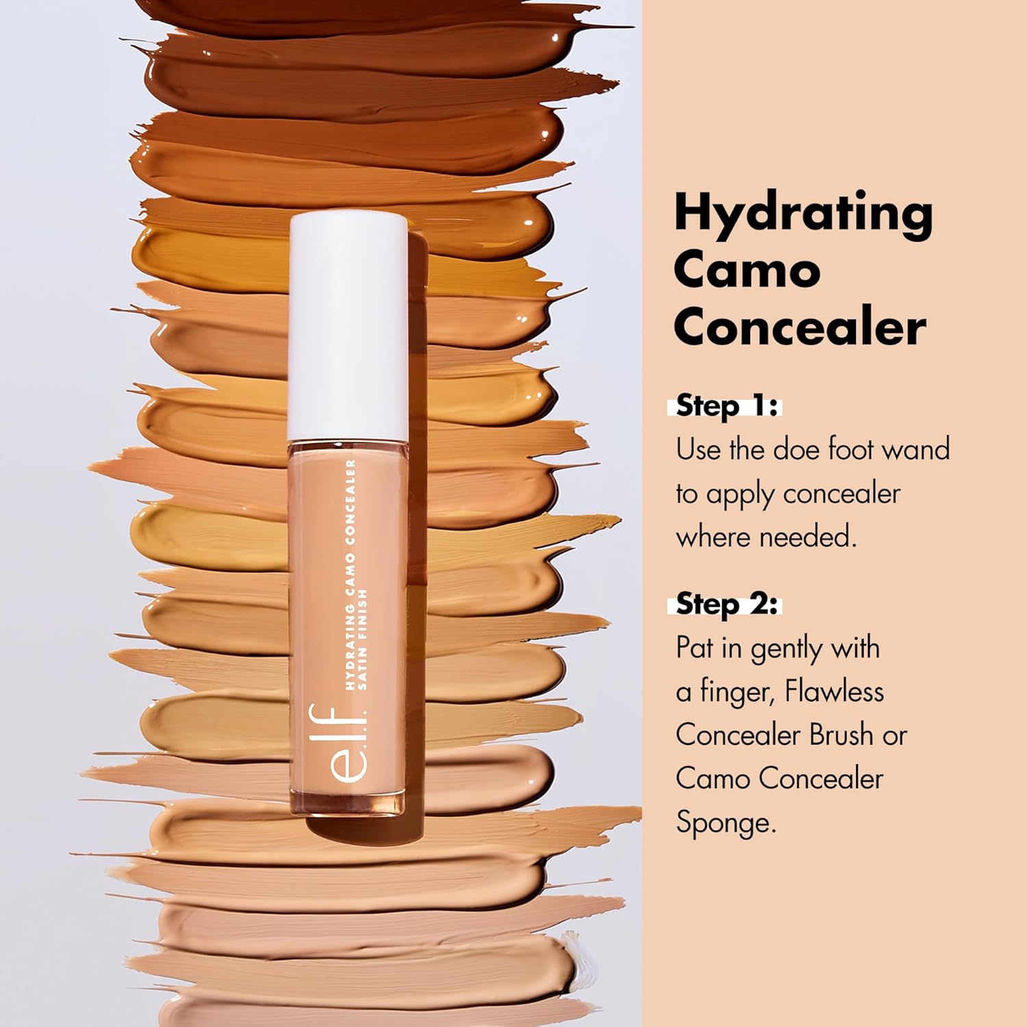 e.l.f. Hydrating Camo Concealer — lightweight, full coverage, all-day wear. Conceals, corrects & hydrates with a satin finish. Shade: Light Sand. Available in 25 shades
