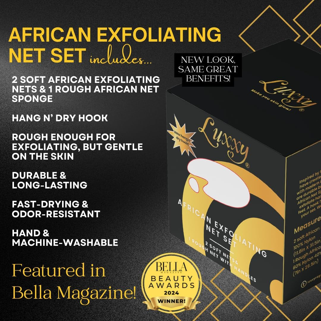 ® | 3 Pack Set 2 Soft African Exfoliating Nets & 1 Rough African Net Sponge with Handles for the Back, Neck or Feet, Black Women Owned, Achieve Smooth Soft Silky Skin, for Daily Use & Great Gifts