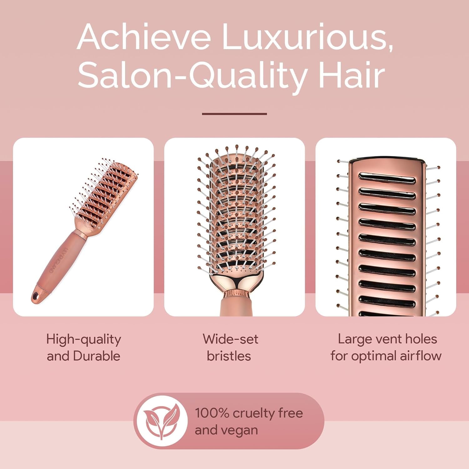 Vent Hair Brush for Blow Drying, Detangling Hairbrush for Women - Vented Brush with Gel Handle - Rose Gold by