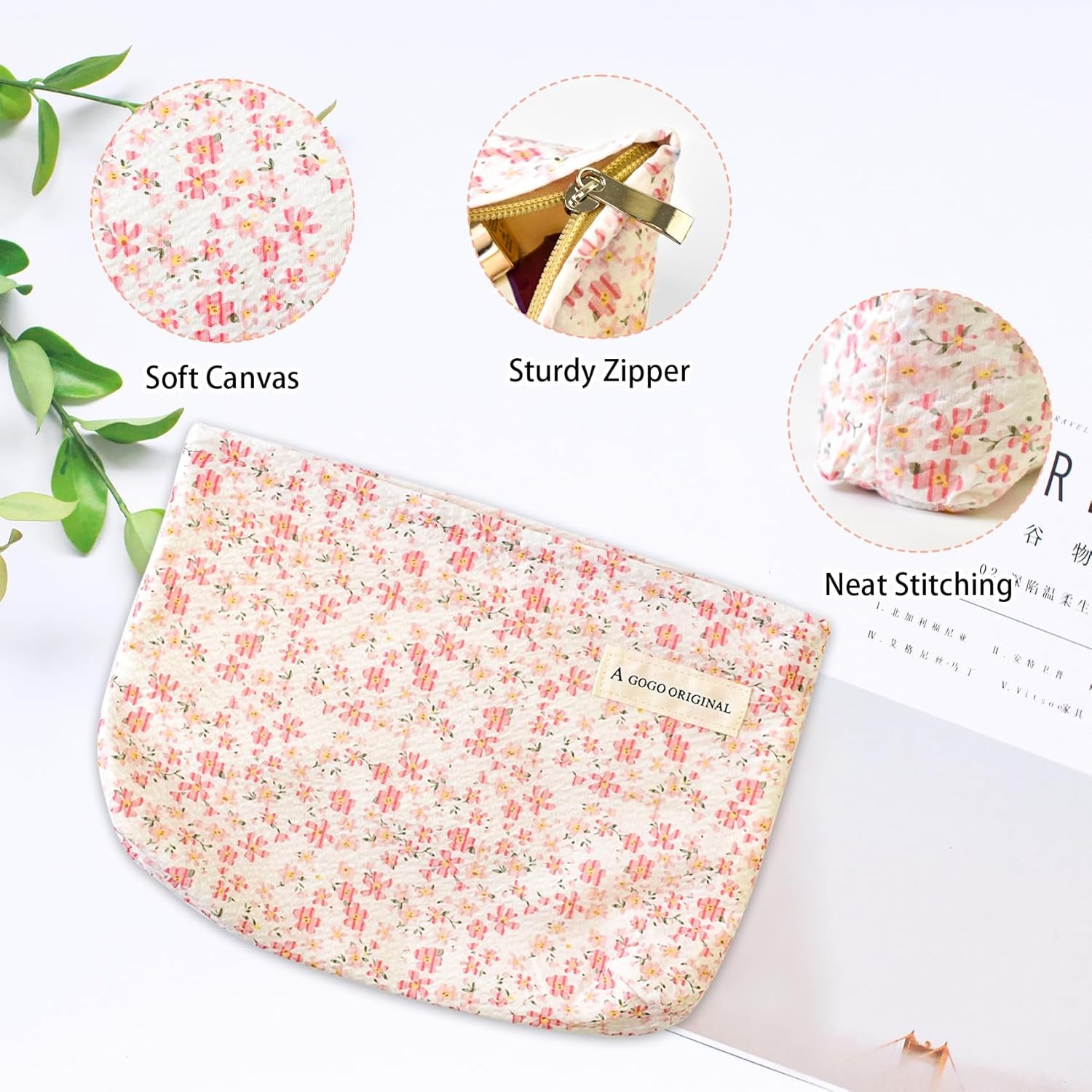 Aesthetic Makeup Bag Cotton, Quilted Floral Make up Bags, Make up Pouch, Toiletry Bag Women, Floral Makeup Bag, Cosmetics Organizer Pouch, Pencil Case for Daily Use (Pink)