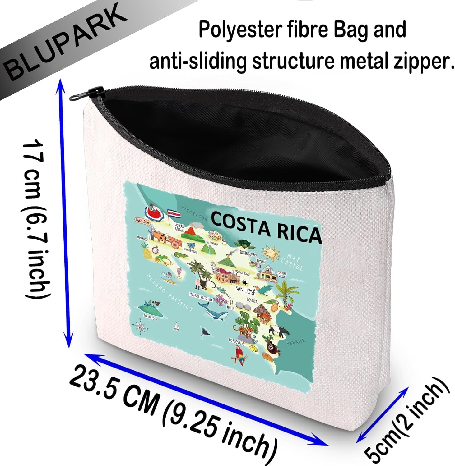 Pura Vida Costa Rica Map Makeup Bag, Multicolor, Cartoon Pattern, 9.25" X 6.69", Zipper Closure, Women'S Travel Cosmetic Case, Reusable for Makeup Artist or Lover