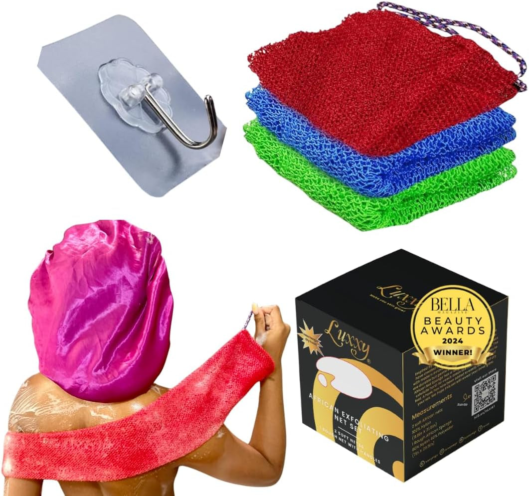 ® | 3 Pack Set 2 Soft African Exfoliating Nets & 1 Rough African Net Sponge with Handles for the Back, Neck or Feet, Black Women Owned, Achieve Smooth Soft Silky Skin, for Daily Use & Great Gifts