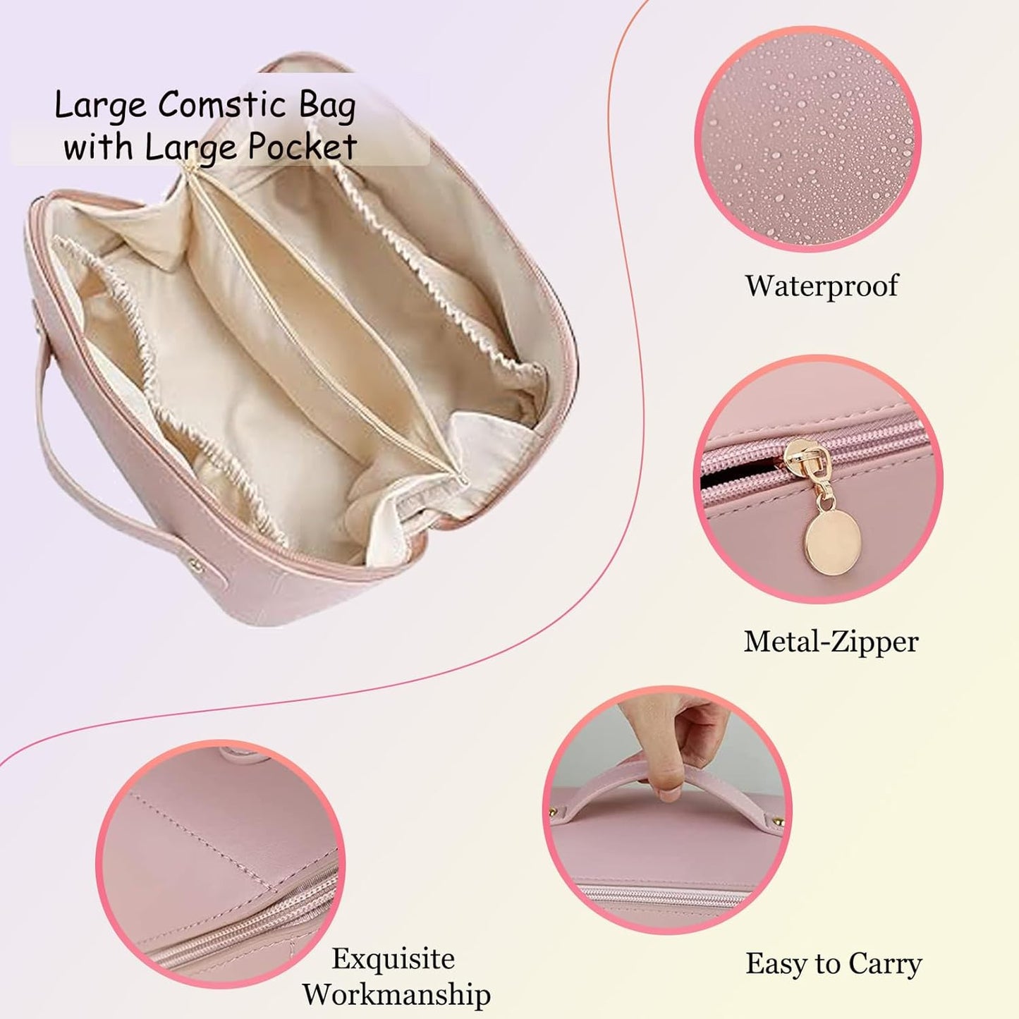 Travel Toiletry Bags for Women, PU Leather Waterproof Woman Makeup Travel Bag with Handle and Divider, Makeup Bag Organizer, Travel Cosmetic Bag Makeup Bags for Travel and Home Use,Black