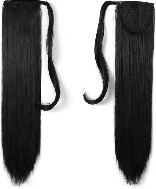 24" Straight Wrap around Ponytail Extension for Woman Synthetic Hair 120G-130G (1B# off Black)