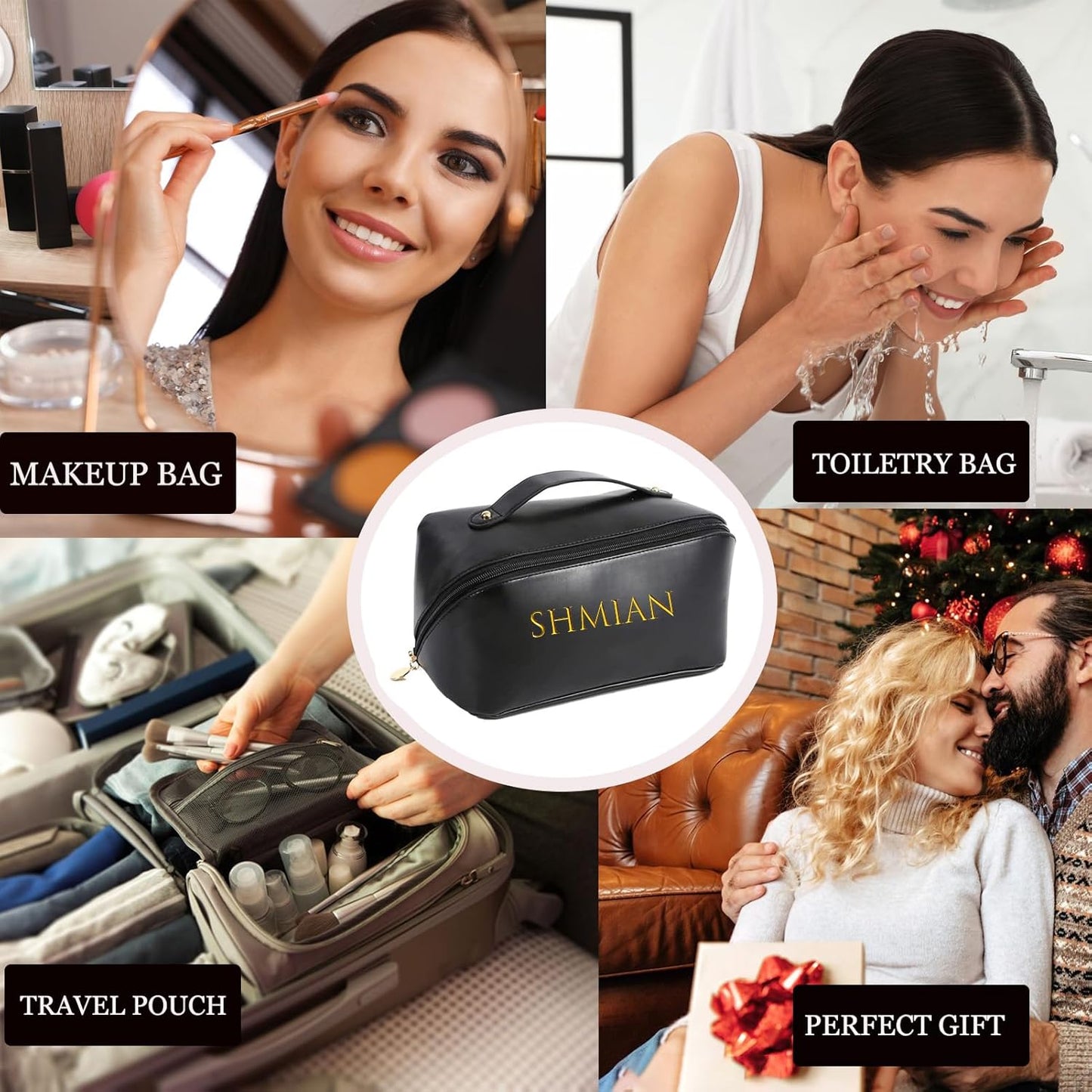 Travel Toiletry Bags for Women, PU Leather Waterproof Woman Makeup Travel Bag with Handle and Divider, Makeup Bag Organizer, Travel Cosmetic Bag Makeup Bags for Travel and Home Use,Black