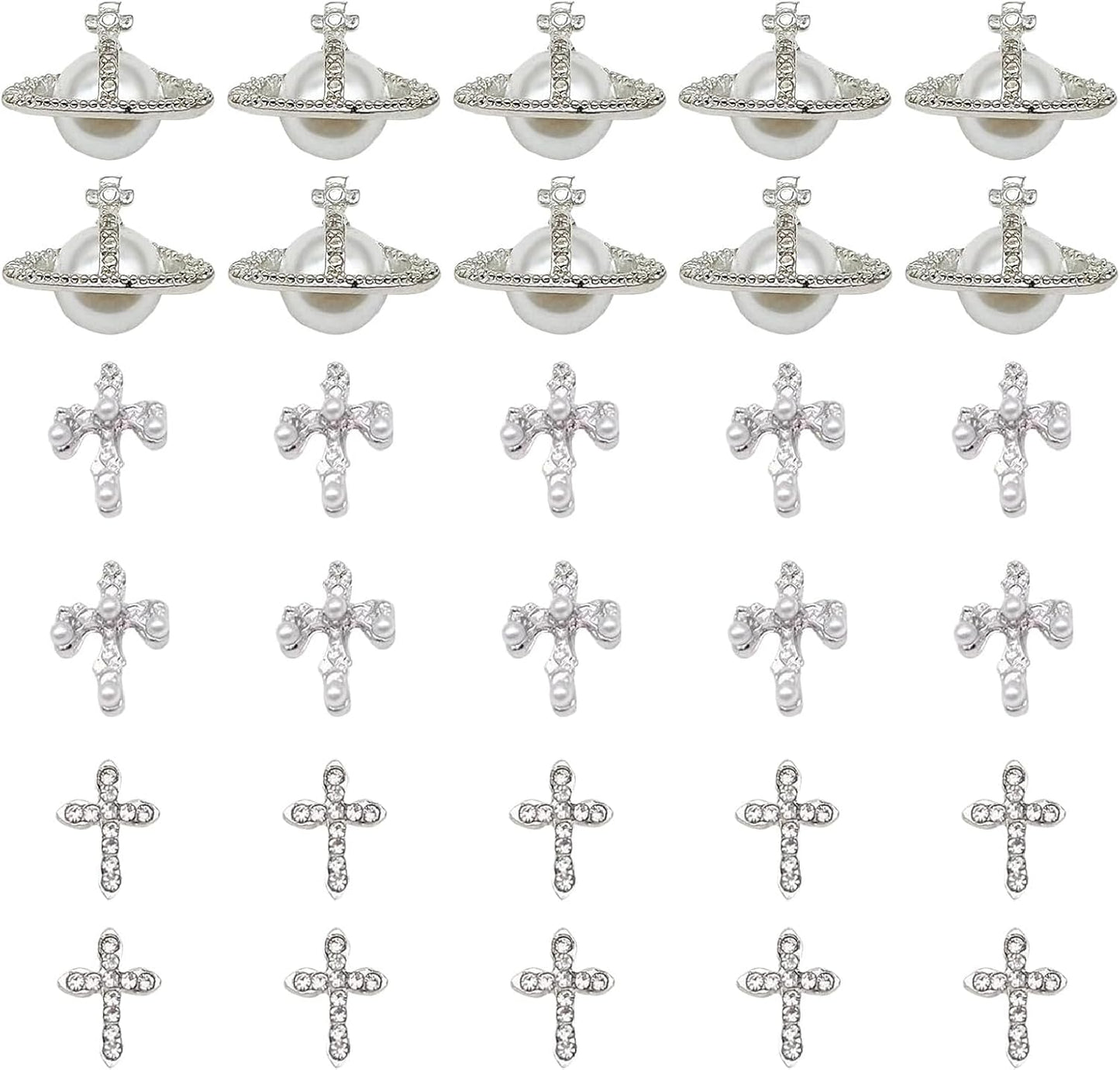Nail Charms，30 Piece Set for DIY Nail Art Design ，Nail Accessories Nail Rhinestones Pearl and Diamond Cross Charms
