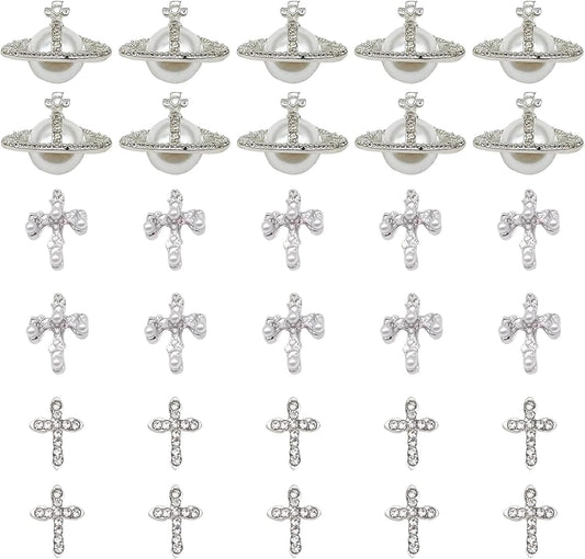Nail Charms，30 Piece Set for DIY Nail Art Design ，Nail Accessories Nail Rhinestones Pearl and Diamond Cross Charms