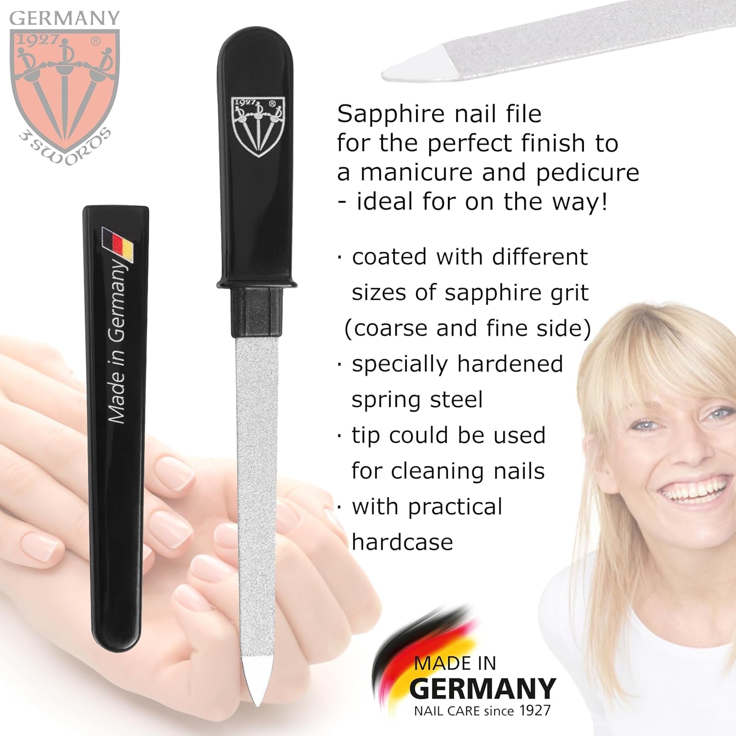 - Brand Quality Double Sided (Fine & Coarse) SAPPHIRE POCKET NAIL FILE (1 Piece) Manicure Pedicure Grooming for Professional Finger & Toe Nail Care by 3 Swords, Made in Solingen Germany