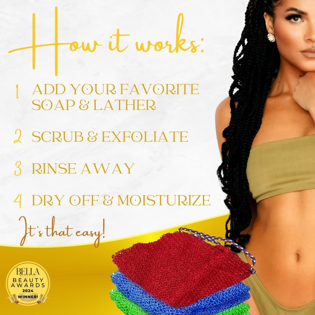 ® | 3 Pack Set 2 Soft African Exfoliating Nets & 1 Rough African Net Sponge with Handles for the Back, Neck or Feet, Black Women Owned, Achieve Smooth Soft Silky Skin, for Daily Use & Great Gifts