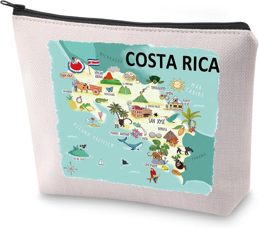 Pura Vida Costa Rica Map Makeup Bag, Multicolor, Cartoon Pattern, 9.25" X 6.69", Zipper Closure, Women'S Travel Cosmetic Case, Reusable for Makeup Artist or Lover