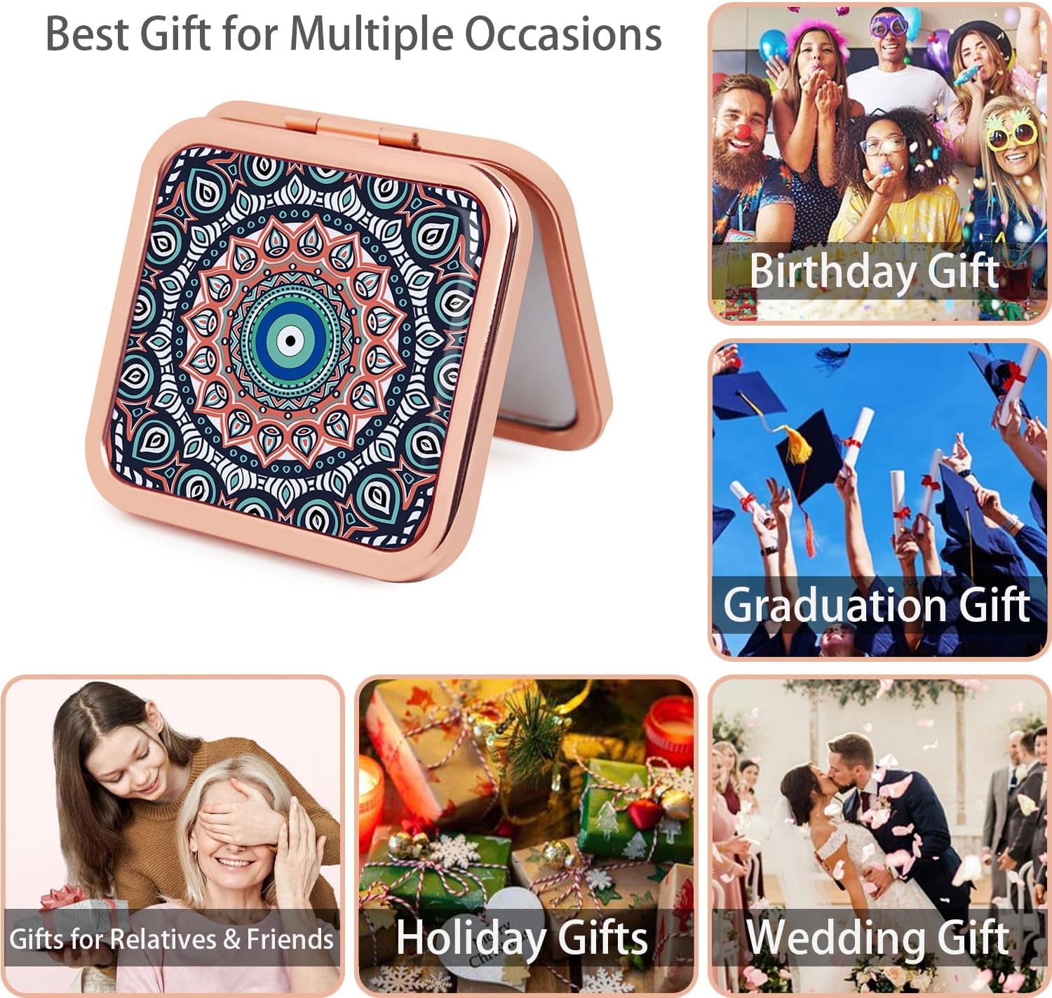 Pocket Mirror for Women, Rosegold Square 2.8”×2.8” Metal Frame Droprubber Style Double Sided Mini Magnifying 1X/2X Mirror for Purse Can Be Used as Gifts for Woman (Ethinc05)