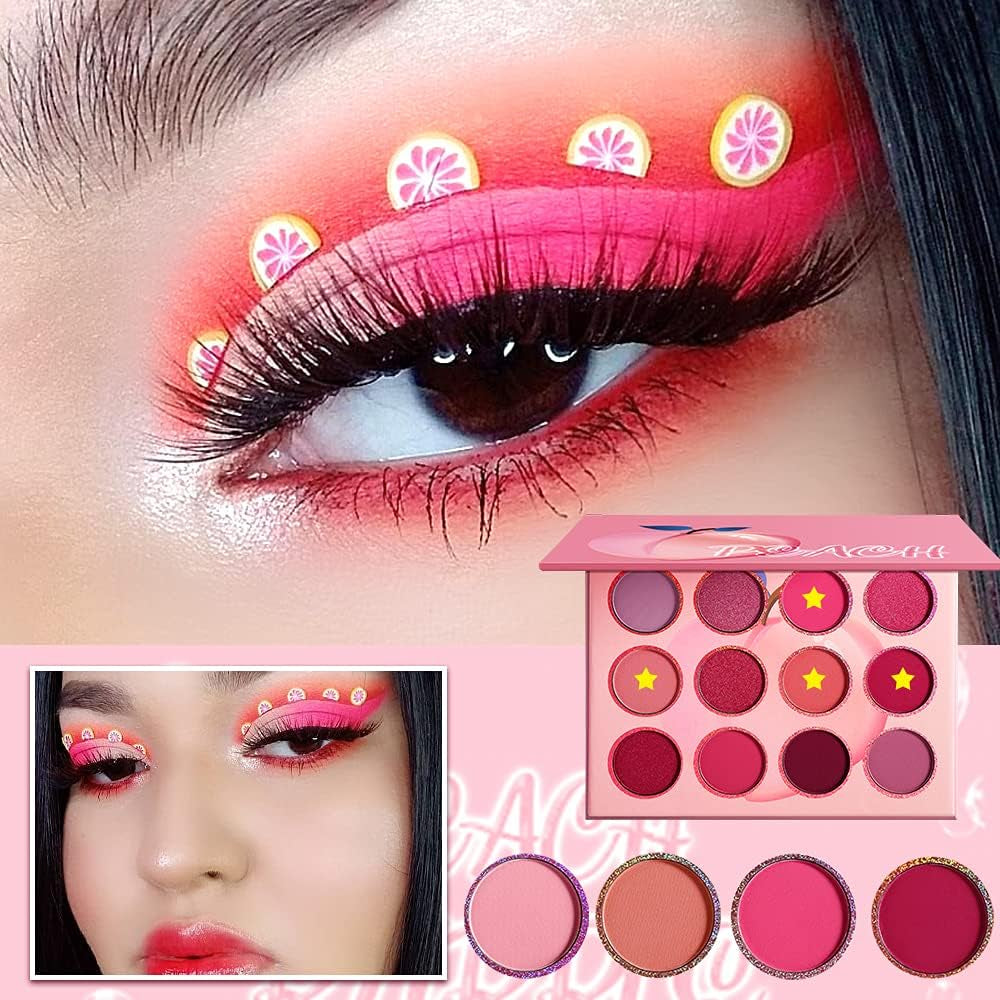 Pink Purple Eyeshadow Palette Makeup 12 Colors, Pigmented Matte Shimmer Cute Eye Shadow Tone,Small Bright Peach Red Violet Eyeshadow Pallet Long Lasting Shades,For Girl Women Summer Travel