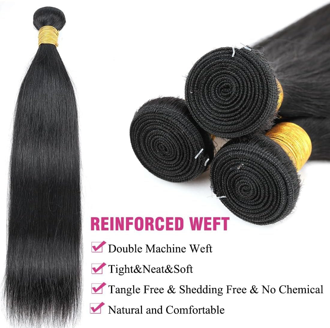 Human Hair Bundles 10A Brazilian Straight, 18-22Inch, 100% Unprocessed Virgin, 3 Bundles Deal, Natural Black for Women