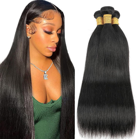 Human Hair Bundles 10A Brazilian Straight, 18-22Inch, 100% Unprocessed Virgin, 3 Bundles Deal, Natural Black for Women
