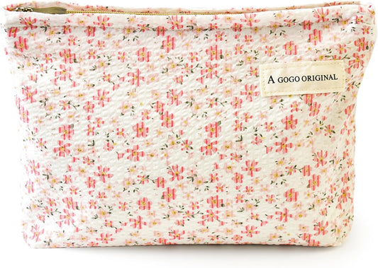 Aesthetic Makeup Bag Cotton, Quilted Floral Make up Bags, Make up Pouch, Toiletry Bag Women, Floral Makeup Bag, Cosmetics Organizer Pouch, Pencil Case for Daily Use (Pink)