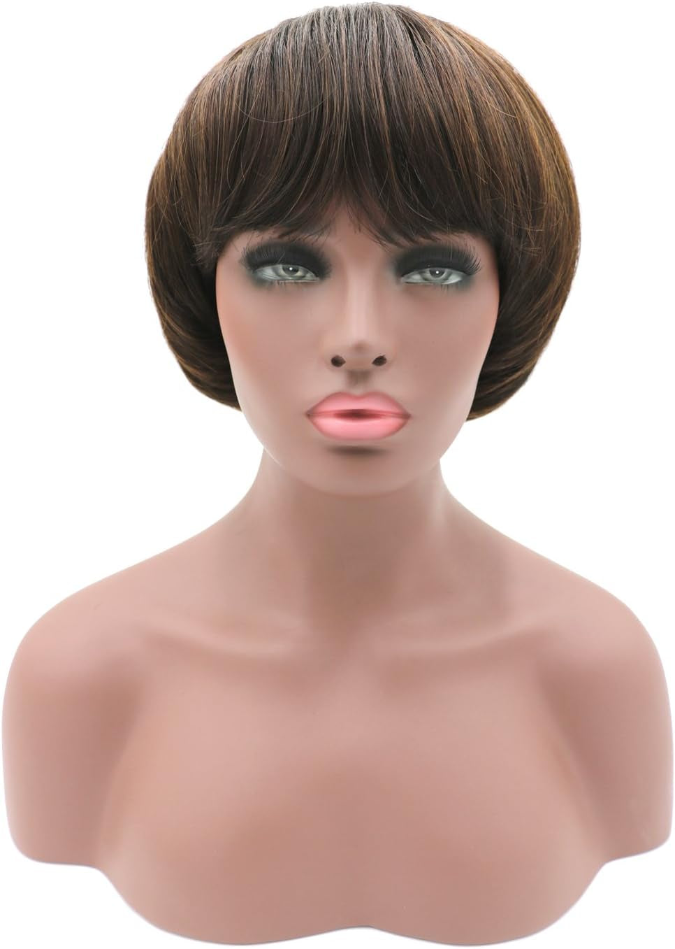 Afro Girls Cosplay Mushroom Wig Short Haircut with Bangs Bob Wig for Black Women (Brown)